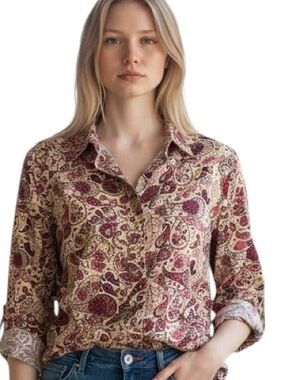 Pink Tartan preppy paisley pink creamy white button French cuff style shirt 12